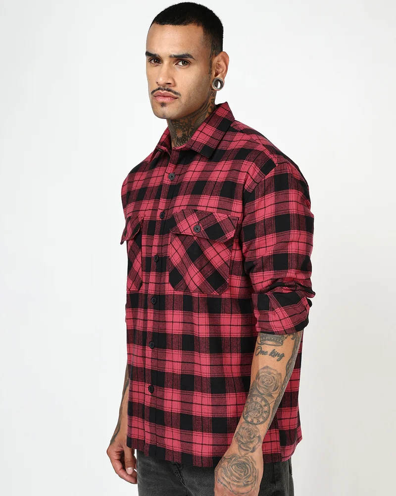 بيواكوف Men's Red & Black Checked Oversized Shirt